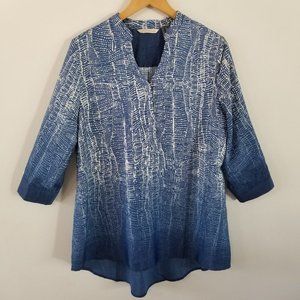 Soft Surroundings Mock Blue Pattern High Low Blouse L
